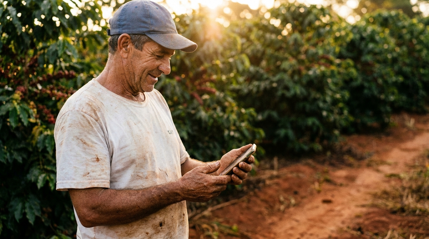 Seu Zé, produtor de café em Sul de Minas, conversando com o Tião no Telegram ao entardecer