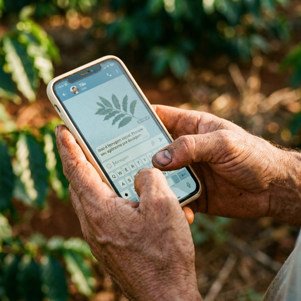 Mãos calejadas do produtor rural com Telegram aberto mostrando diagnóstico do Tião